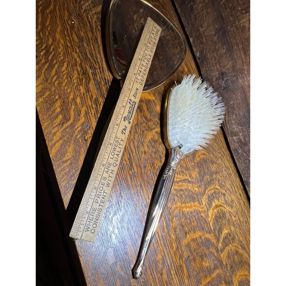 VTG Holywood Regency Floral Silver Gold Tone Hand Mirror & Hair Brush Vanity Set
